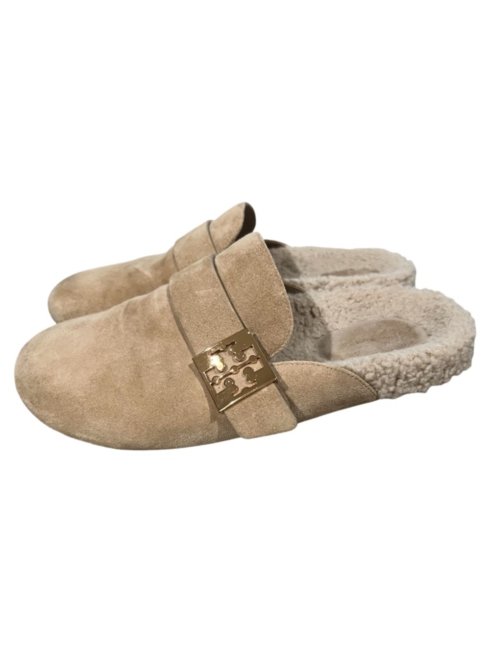 Tory Burch Beige Suede Shearling-Trim Slide with Gold Logo size 9